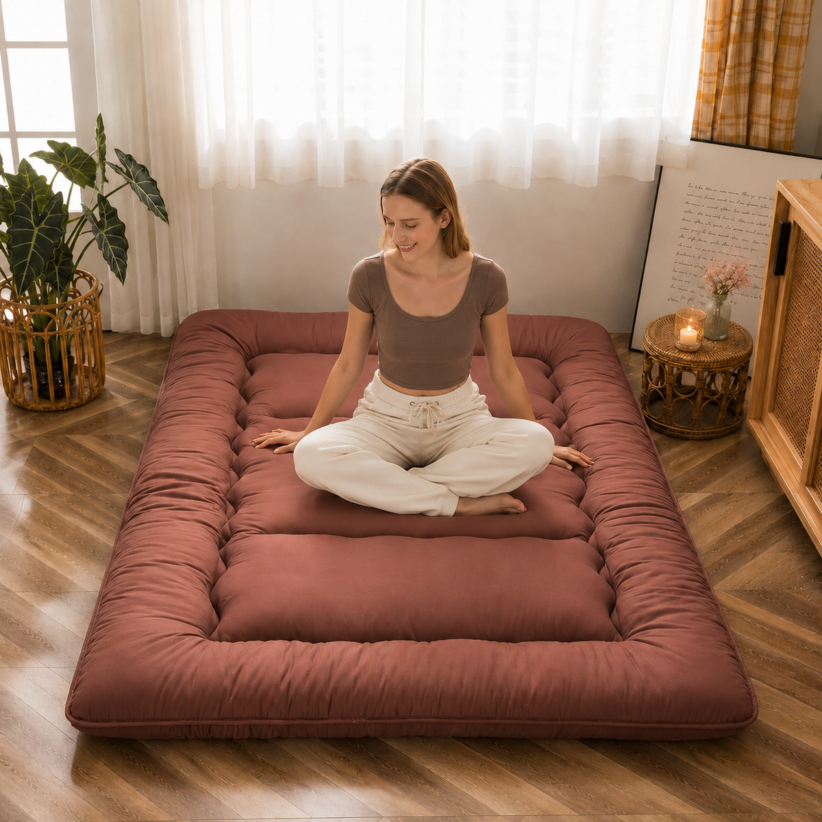 Foldable Floor Mattress 4 Inch Thick Japanese Futon Sleep Pad Guest Bed for Adults Kids Meditation Yoga Mat | Lonoma