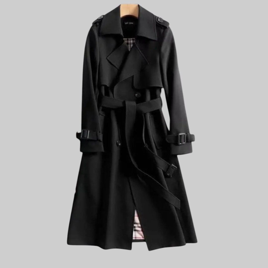 Women's Belted Trench Coat Extended Length Classic Double Front Button Lapel Collar Adjustable Waist Structured Outerwear for Office | Lonoma