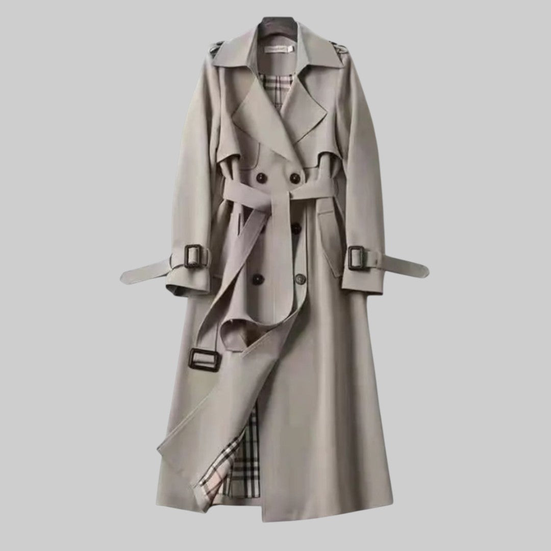 Women's Belted Trench Coat Extended Length Classic Double Front Button Lapel Collar Adjustable Waist Structured Outerwear for Office | Lonoma