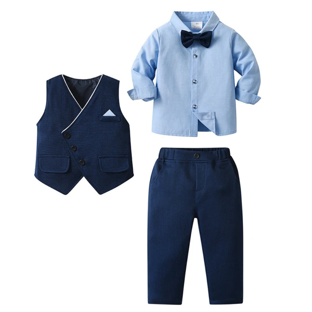 Boys 3-Piece Formal Suit Set with Shirt, Vest, Pants & Bow Tie, Navy Blue Toddler Dress Outfit for Weddings, Parties & Photos | Lonoma