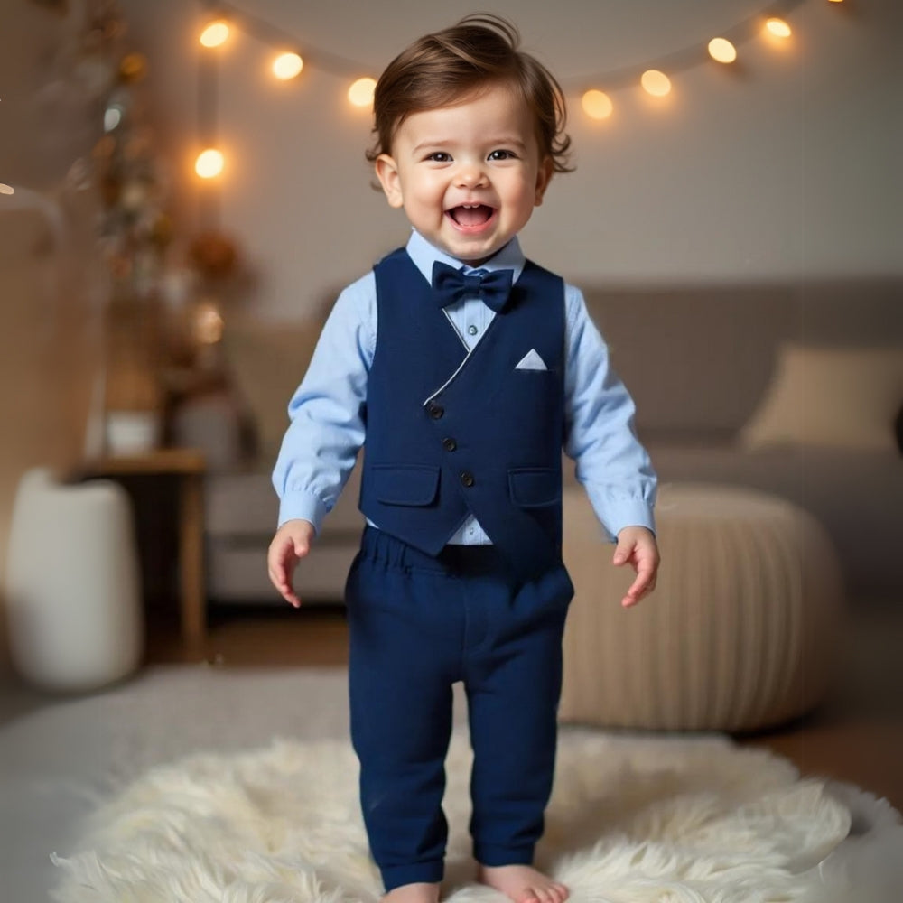 Boys 3-Piece Formal Suit Set with Shirt, Vest, Pants & Bow Tie, Navy Blue Toddler Dress Outfit for Weddings, Parties & Photos | Lonoma