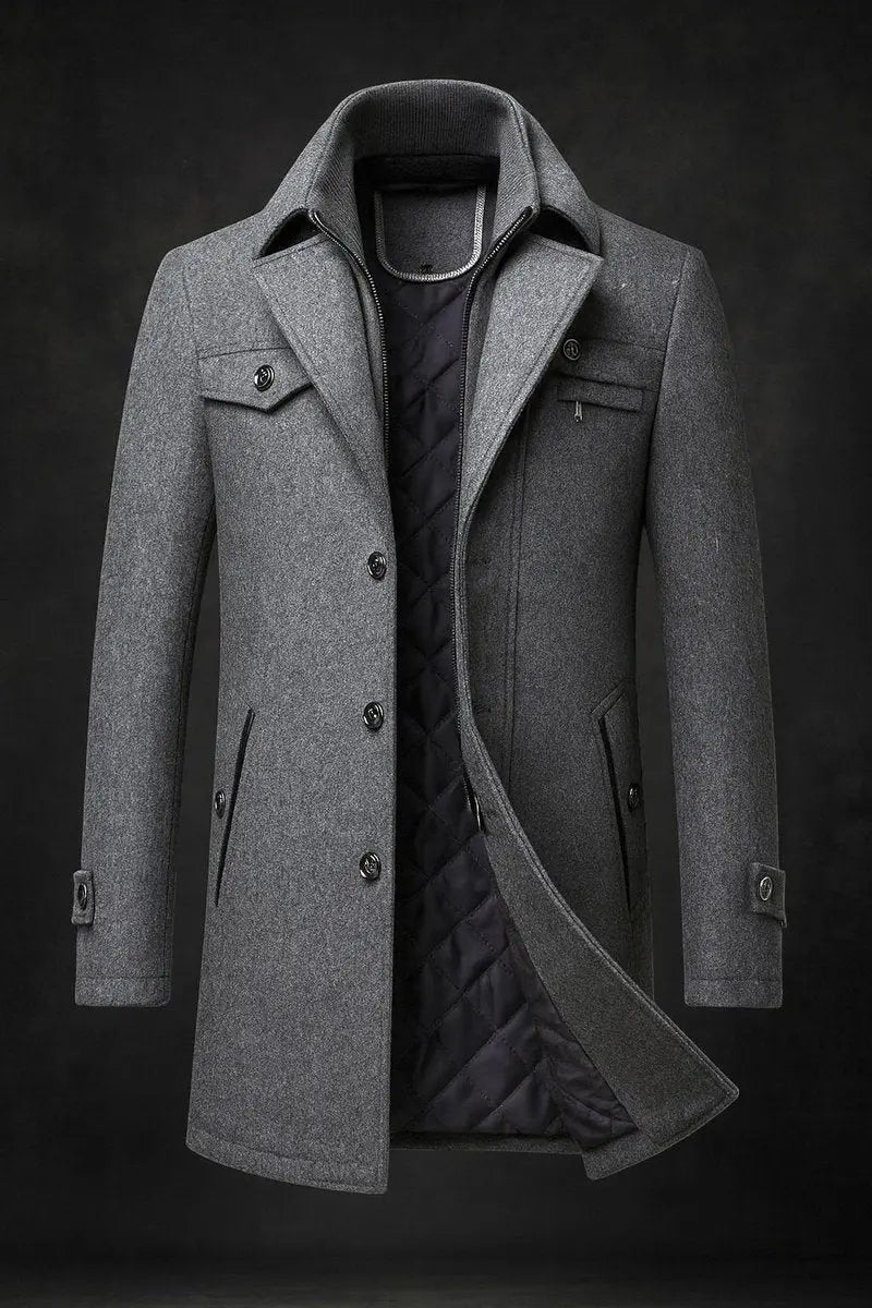 Men's Wool Topcoat with Layered Collar and Insulated Quilted Interior for Winter Business Formal Occasions | Lonoma