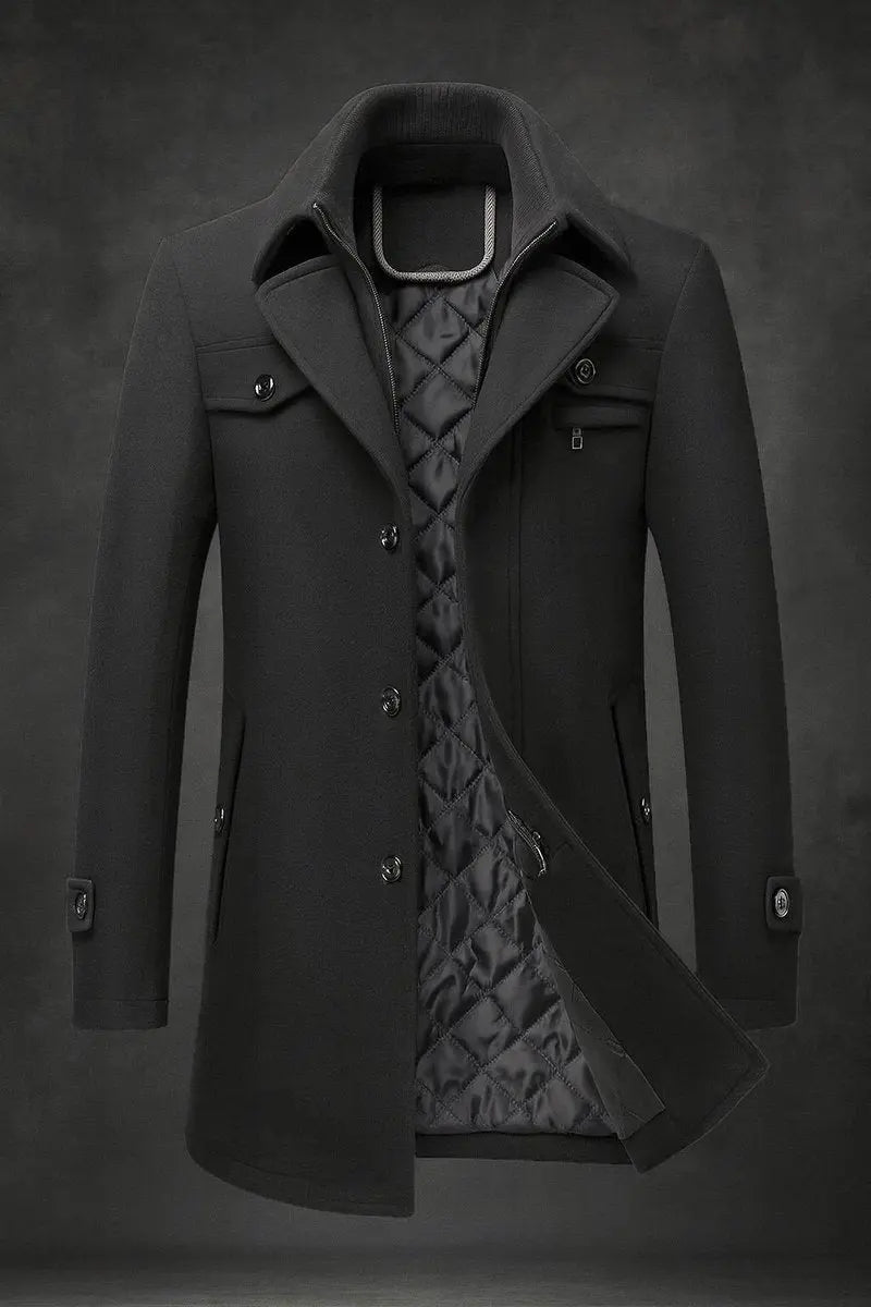 Men's Wool Topcoat with Layered Collar and Insulated Quilted Interior for Winter Business Formal Occasions | Lonoma