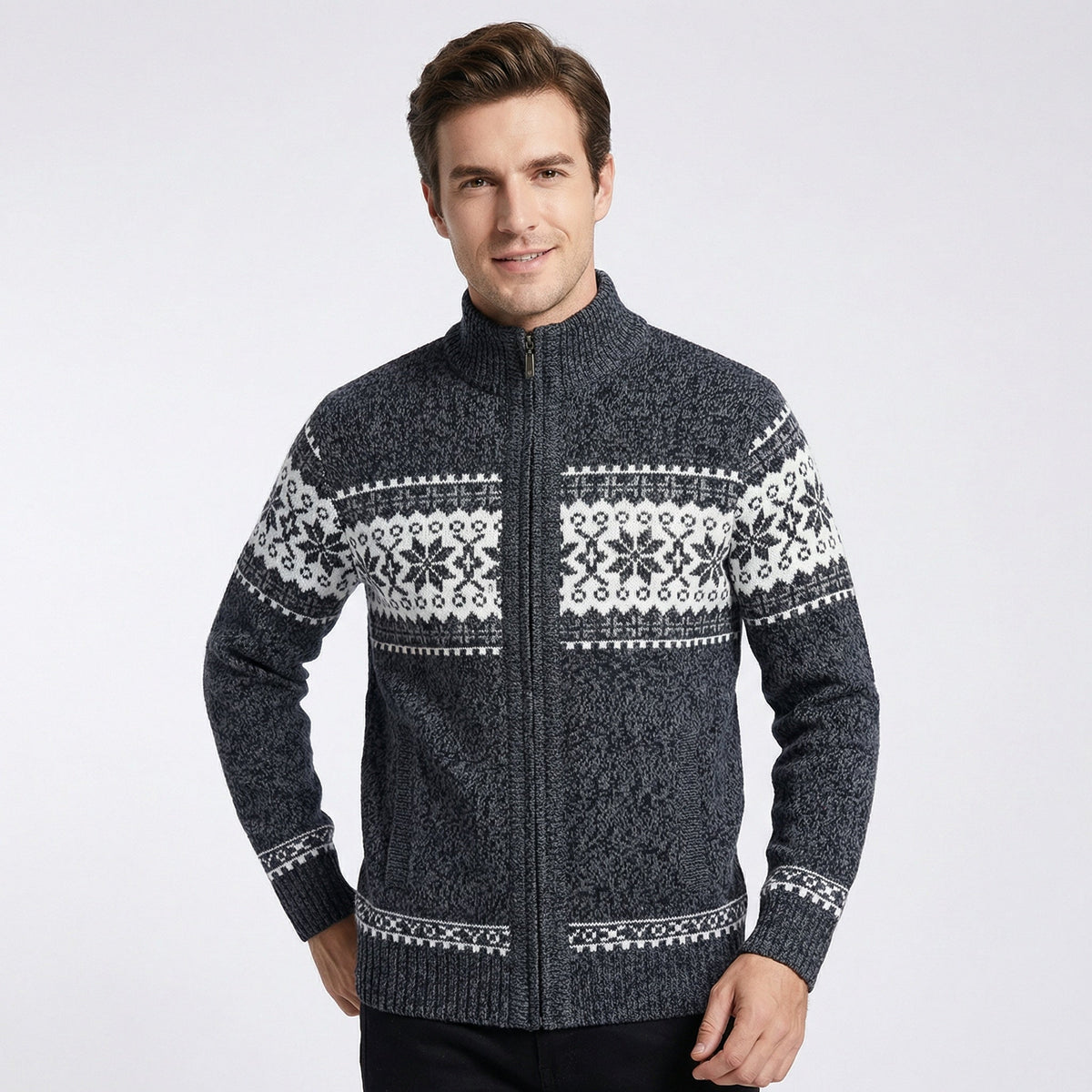 Men's Zip-Up Cardigan with Fair Isle Pattern and Stand Collar for Fall and Winter Layering | Lonoma