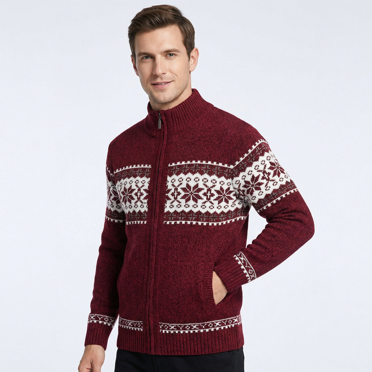 Men's Zip-Up Cardigan with Fair Isle Pattern and Stand Collar for Fall and Winter Layering | Lonoma