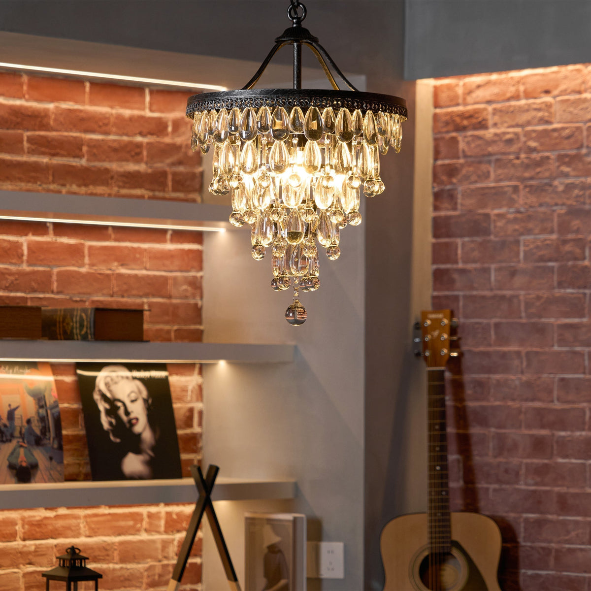 Crystal Drop Chandelier Antique Bronze Finish Multi Light Pendant Dining Room Living Room Foyer Statement Lighting Adjustable Chain | Lonoma