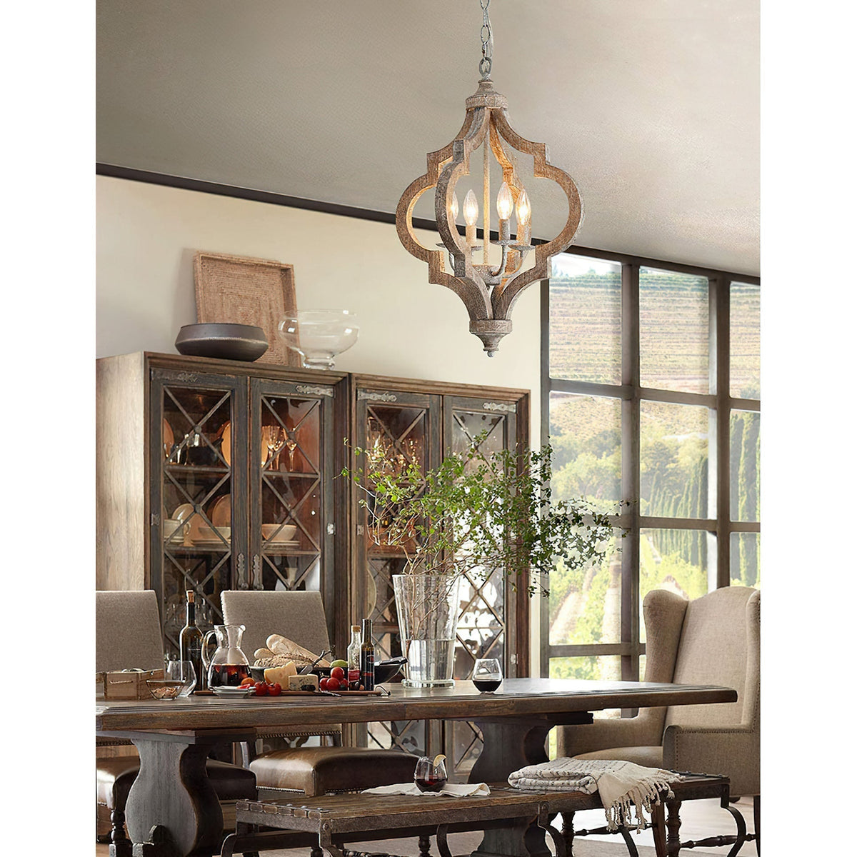 Rustic 4-Light Wood Beam Chandelier with Chain Mount for Dining Room Kitchen Farmhouse Industrial Décor | Lonoma