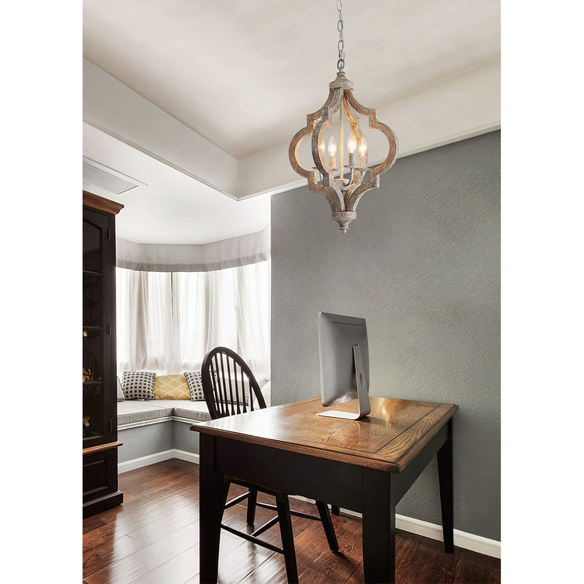 Rustic 4-Light Wood Beam Chandelier with Chain Mount for Dining Room Kitchen Farmhouse Industrial Décor | Lonoma