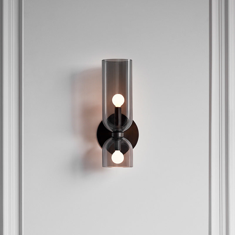 Cylindrical Glass Wall Sconce 2-Light Hardwired Modern Indoor Fixture Metal Frame Blue Gray White for Dining Room Bedroom Hallway Bar E12 | Lonoma