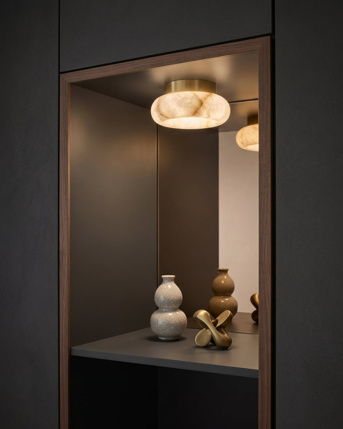 Brass Flush Mount Ceiling Light with Alabaster Shade – Modern Low Profile LED Fixture for Bedroom, Hallway, Entryway – 3.1 in Profile | Lonoma