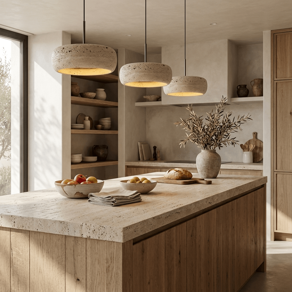Circular Stone Pendant Light with Warm LED – Adjustable Drop Ceiling Fixture for Dining Room, Kitchen Island, Entryway – Natural Material | Lonoma