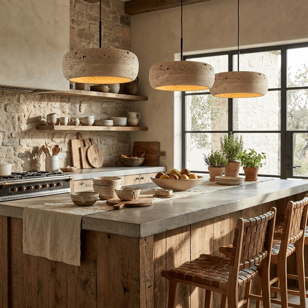 Circular Stone Pendant Light with Warm LED – Adjustable Drop Ceiling Fixture for Dining Room, Kitchen Island, Entryway – Natural Material | Lonoma