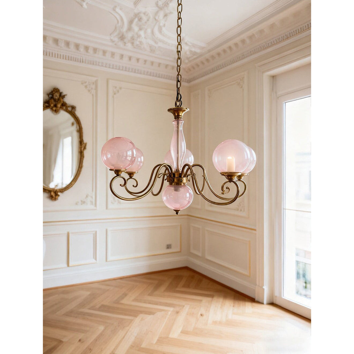 Hand-Blown Glass Globe Chandelier with Antique Brass Frame – Multi-Arm Pendant Light for Dining Room | Lonoma