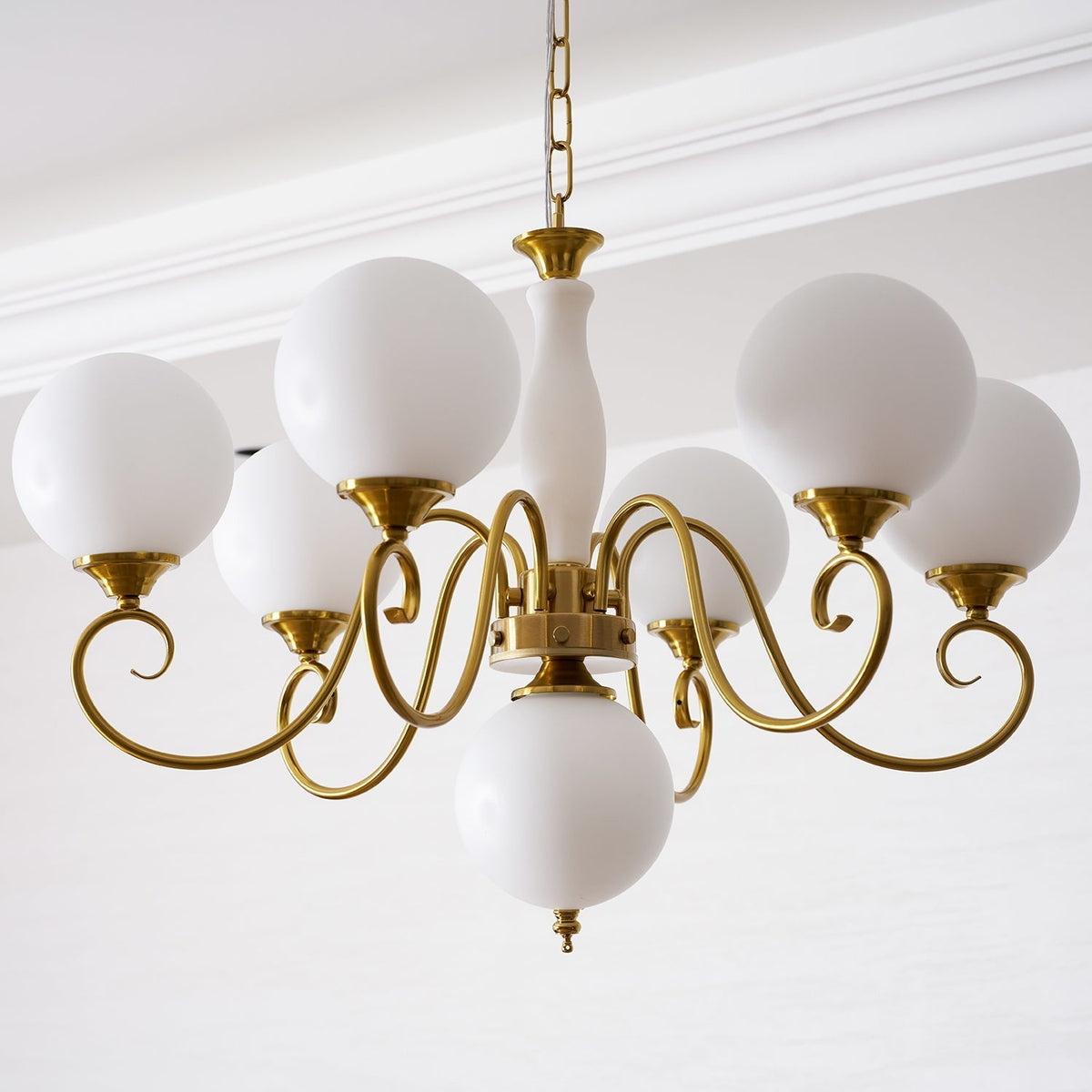 Hand-Blown Glass Globe Chandelier with Antique Brass Frame – Multi-Arm Pendant Light for Dining Room | Lonoma