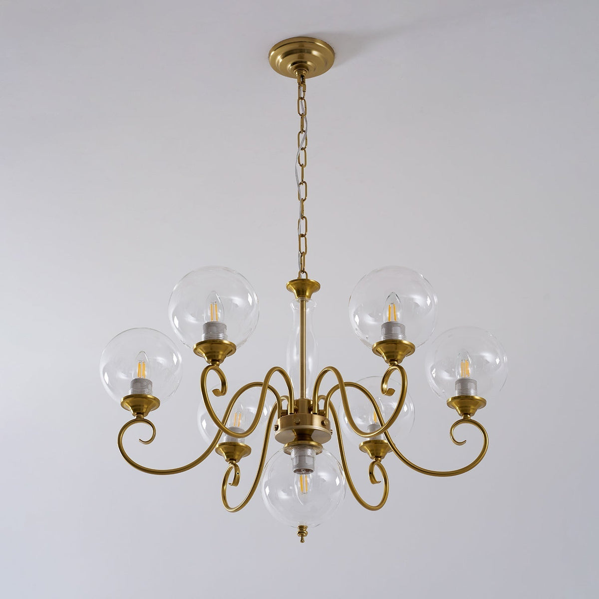 Hand-Blown Glass Globe Chandelier with Antique Brass Frame – Multi-Arm Pendant Light for Dining Room | Lonoma