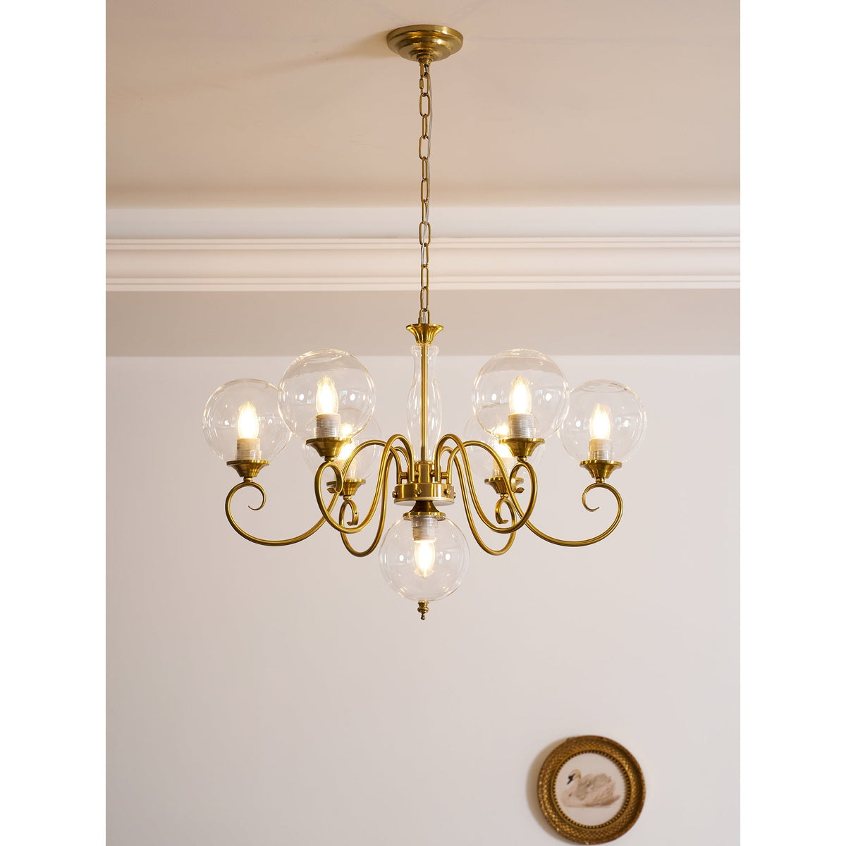 Hand-Blown Glass Globe Chandelier with Antique Brass Frame – Multi-Arm Pendant Light for Dining Room | Lonoma