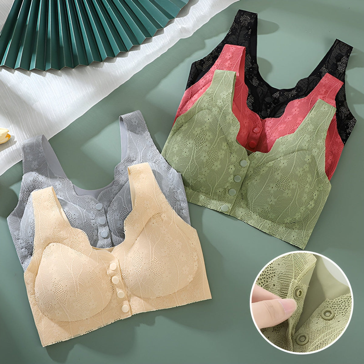 Front Closure Wireless Bra for Women, Soft Support, Stretch Nylon Fabric, Easy Button Front Comfort Bra for Everyday Wear | Lonoma