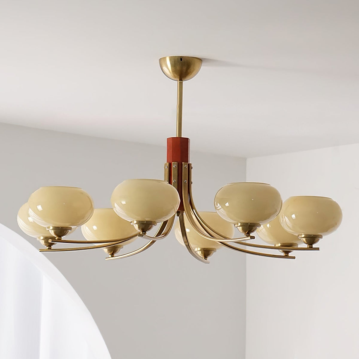 Multi-Globe Pendant Chandelier with Amber Glass Shades and Wood Accents for Dining Room | Lonoma