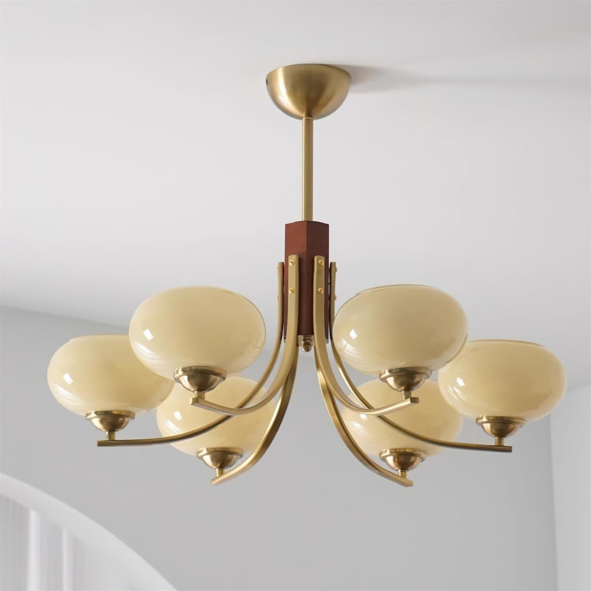Multi-Globe Pendant Chandelier with Amber Glass Shades and Wood Accents for Dining Room | Lonoma