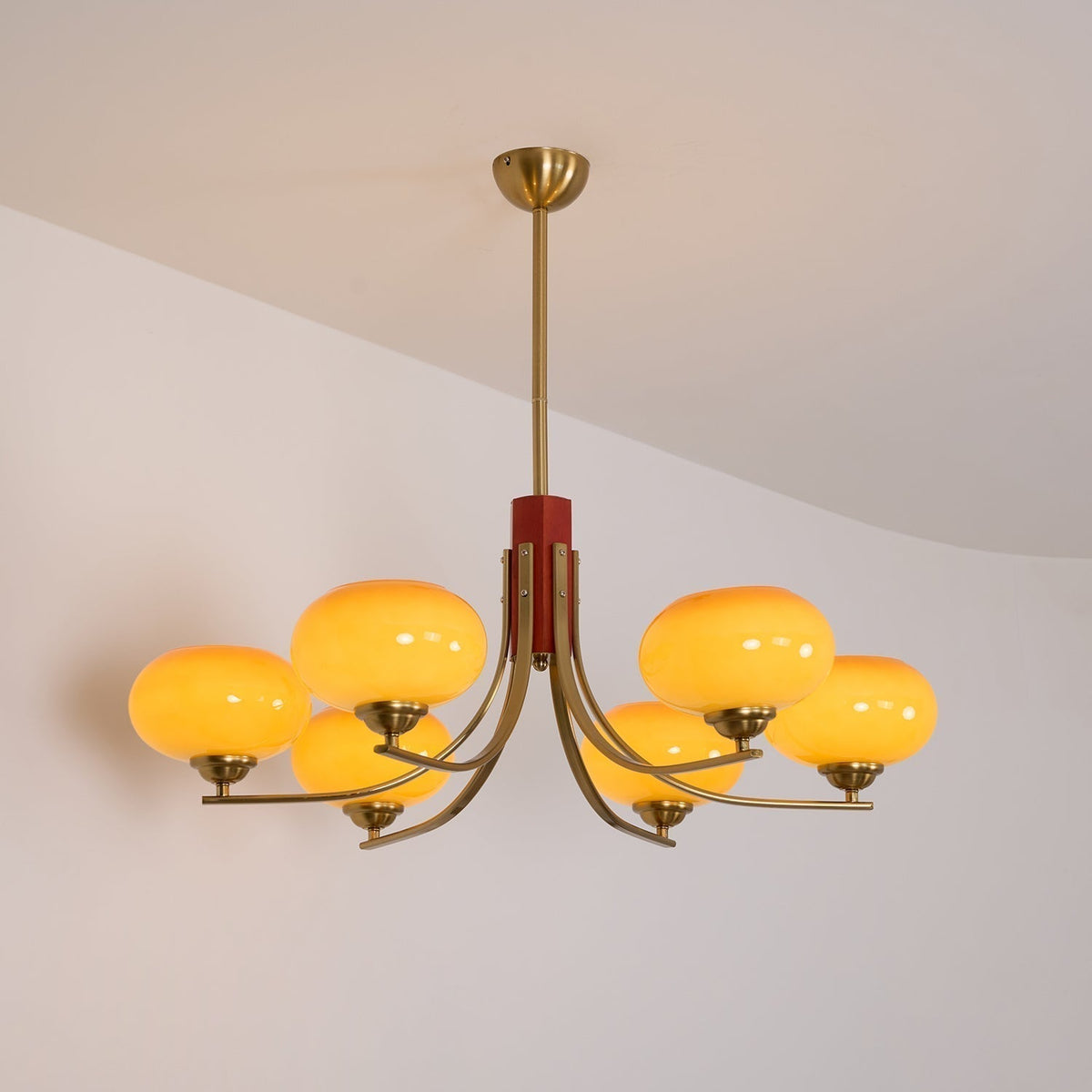 Multi-Globe Pendant Chandelier with Amber Glass Shades and Wood Accents for Dining Room | Lonoma