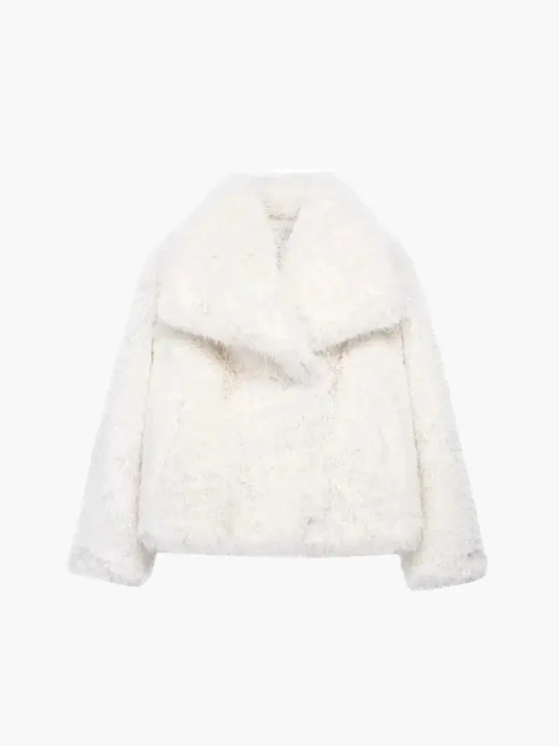 Plush Vegan Fur Jacket Wide Notch Collar Mid Length Winter Outerwear for Women Layering Coat Cruelty Free Lined Warmth | Lonoma
