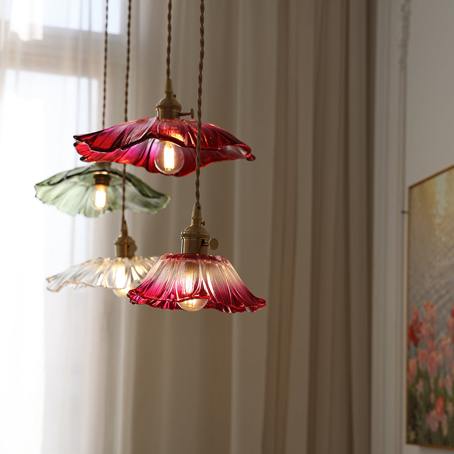 Floral Glass Flush Mount or Drop Ceiling Light with Brass Accents – Clear, Green or Pink Petal Shades for Bedroom, Dining Room | Lonoma