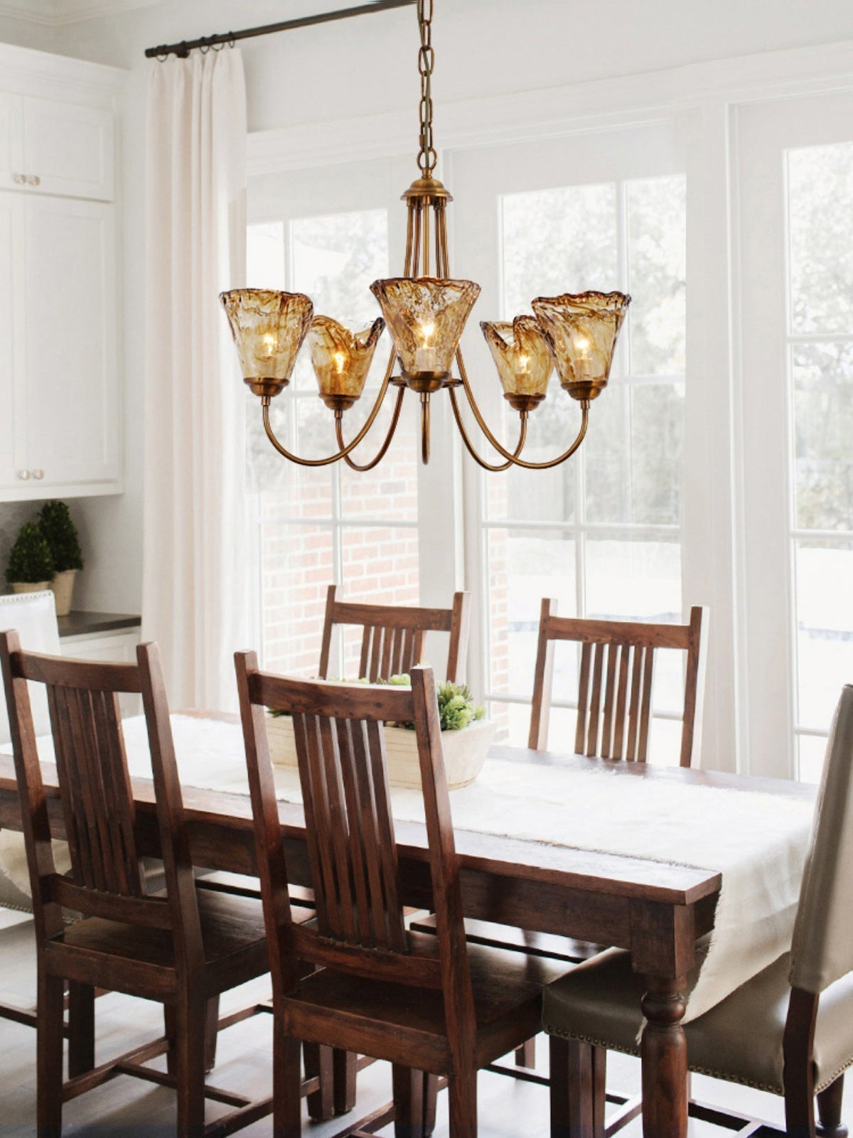 Amber Glass Globe Chandelier with Dark Brass Frame – Multi-Light Adjustable Height Hanging Fixture for Dining Room, Entryway, Living Room | Lonoma