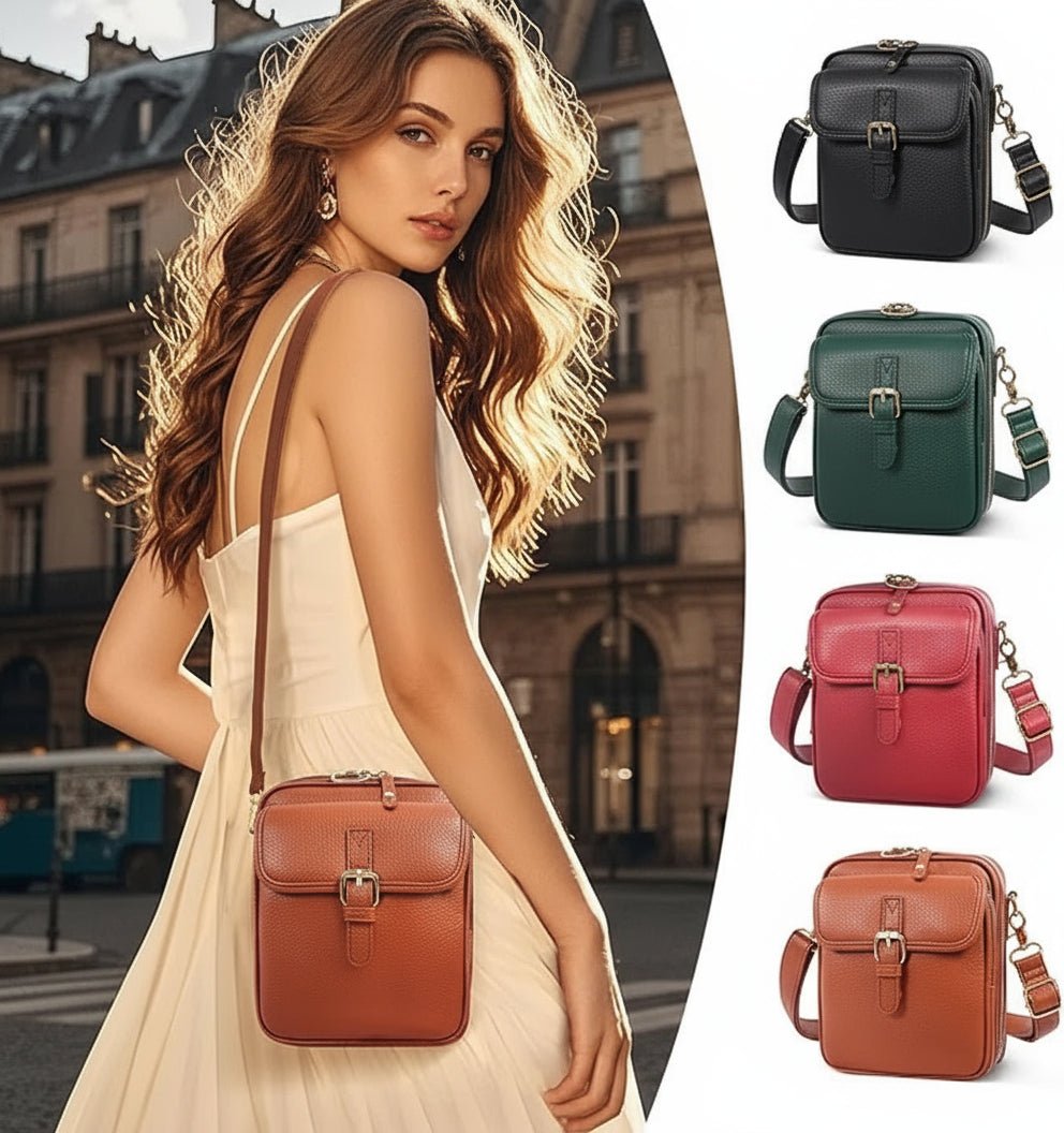 Genuine Leather Crossbody Bag with Anti-Theft Zippers, Compact Square Purse with Adjustable Strap for Work, City Commutes and Travel | Lonoma