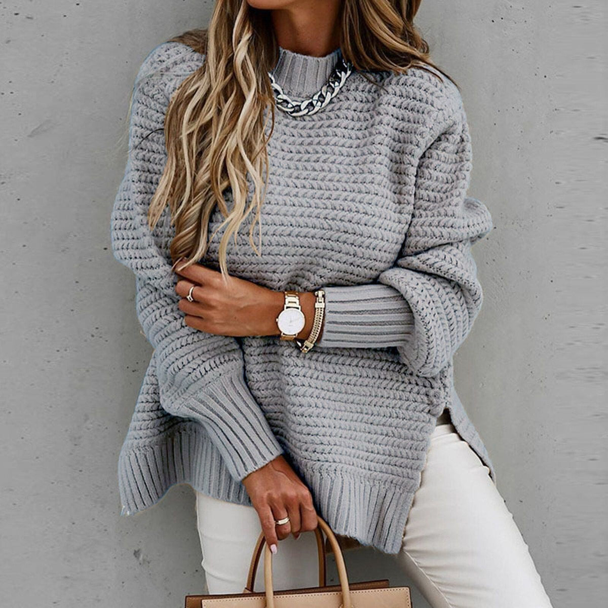 Oversized Turtleneck Sweater for Women with Side Slits and Dropped Back Hem | Chunky Knit Pullover Top | Lonoma
