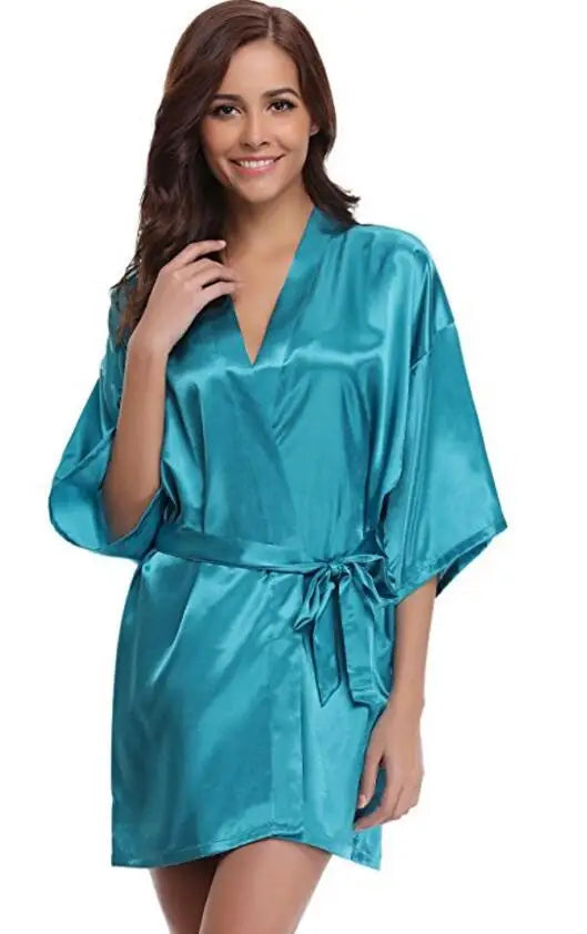 Women's Satin Kimono Robe Lightweight Loungewear Short Sleeve Knee Length Sleepwear for Bridal Party Getting Ready Spa | Lonoma