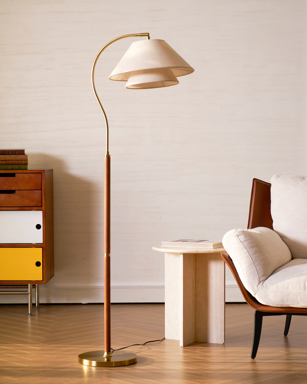 Double Fabric Shade Floor Lamp with Wood & Metal Stand 61 in Tall Statement Lighting for Living Room Bedroom Modern Ambient Uplight | Lonoma
