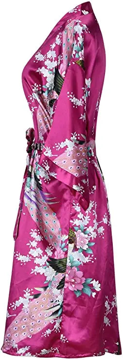 Satin Kimono Robe for Women Short Sleeve Floral Wrap Loungewear Sleepwear Wedding Bridal Party Getting Ready Dressing Gown | Lonoma