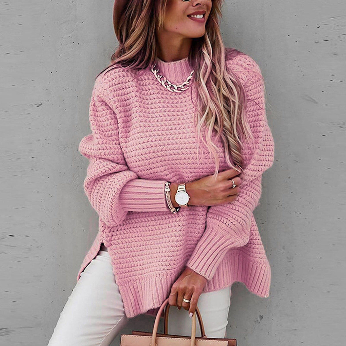 Oversized Turtleneck Sweater for Women with Side Slits and Dropped Back Hem | Chunky Knit Pullover Top | Lonoma