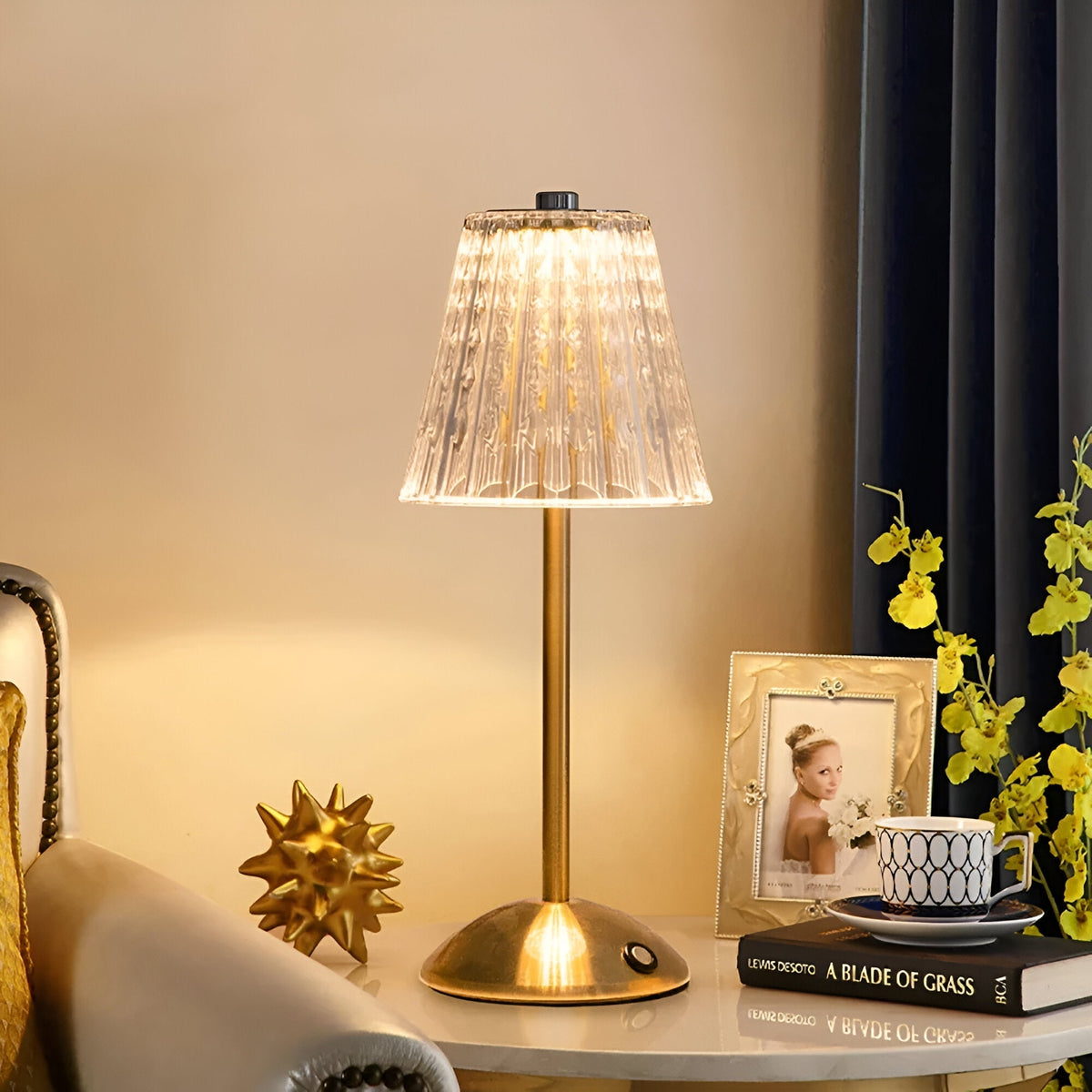 Cordless Rechargeable Table Lamp with Glass Shade & Metal Base, 3 Color Temperatures, Touch Dimmer for Nightstand, Living Room & Desk | Lonoma