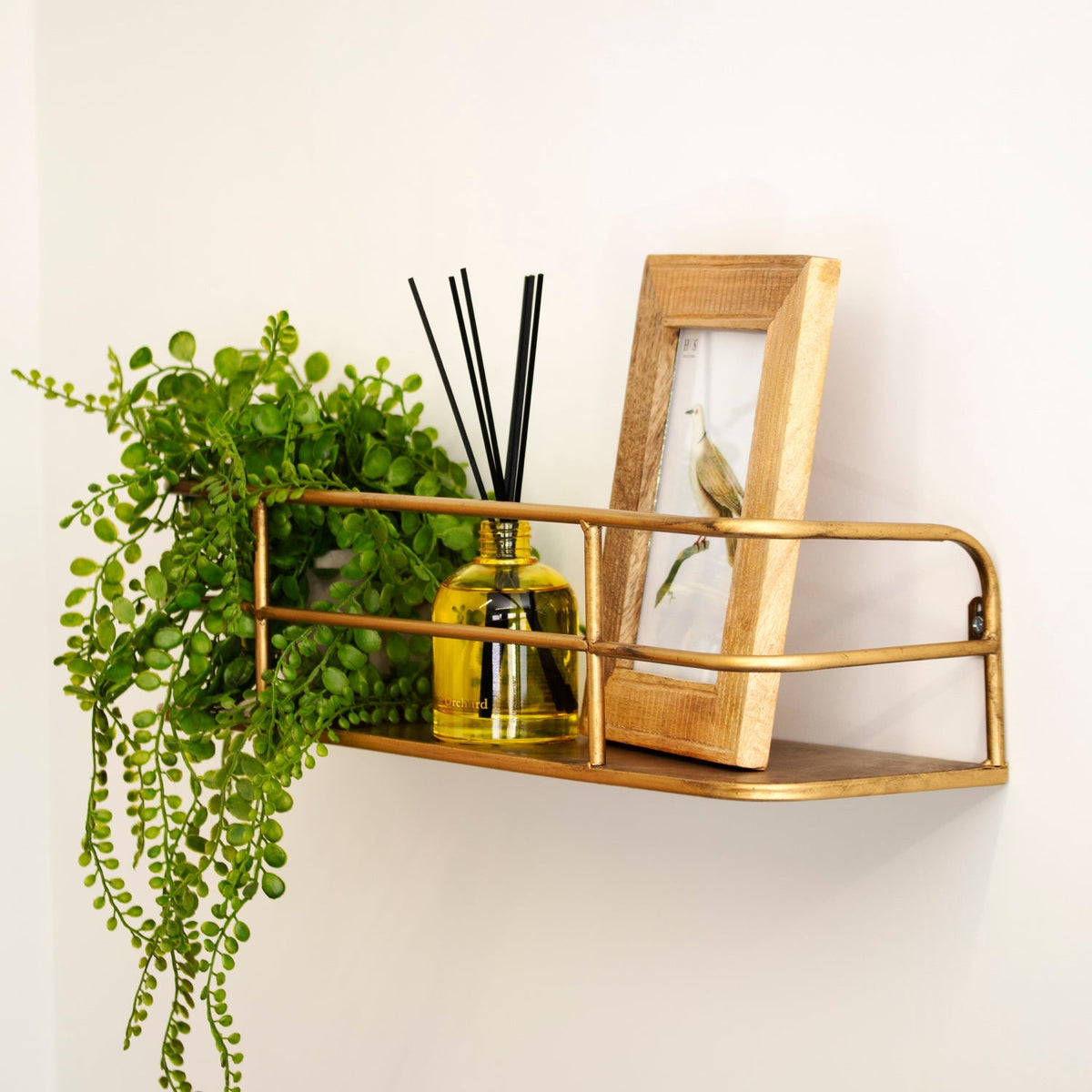 Brushed Gold Wall Shelf, 21.5 in Industrial Metal Wire Frame Shelf for Living Room, Office, Entryway, Bathroom & Bedroom Decor | Lonoma