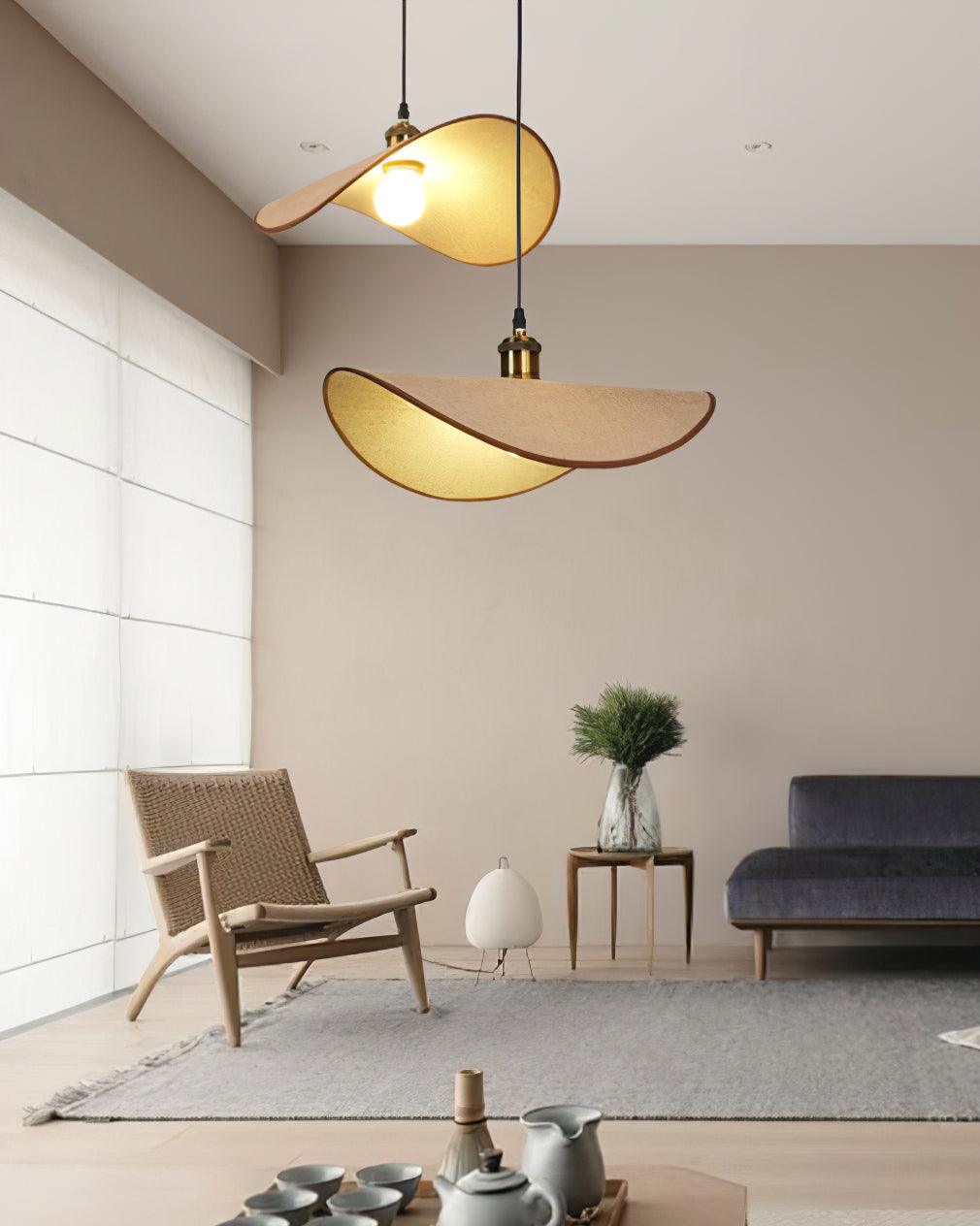 Hanging Ceiling Light with Linen Drum Shade and Wood Accent for Dining Room Kitchen Island Bedroom Modern Farmhouse Fixture | Lonoma