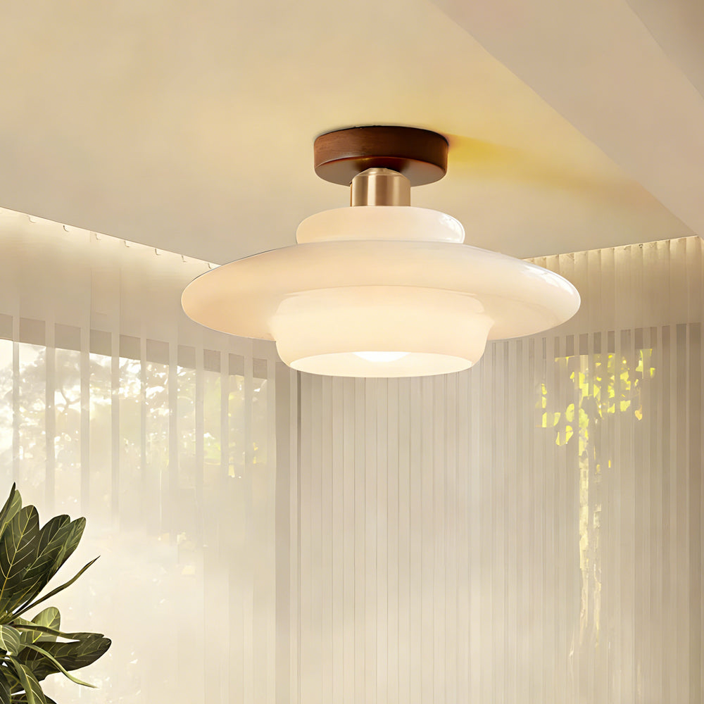 Flush Mount Ceiling Light Wood Glass Dome Copper Scandinavian Entryway Hallway Kitchen Dining | Lonoma