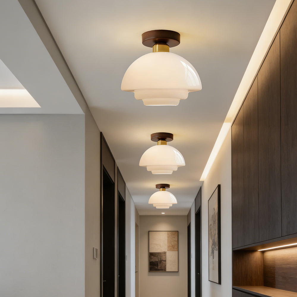 Flush Mount Ceiling Light Wood Glass Dome Copper Scandinavian Entryway Hallway Kitchen Dining | Lonoma