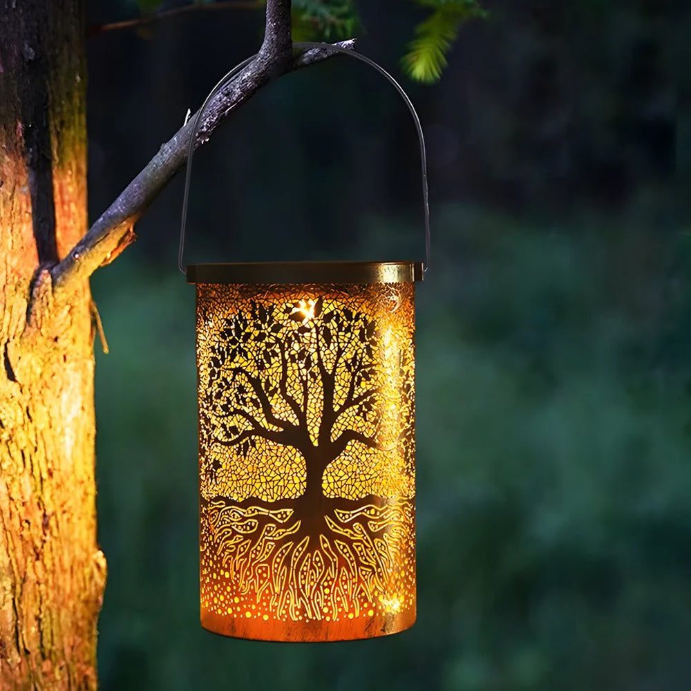 Solar Garden Lantern, IP55 Weather-Resistant Metal LED Hanging or Tabletop Light with Cutout Floral & Forest Designs for Patio & Pergola | Lonoma