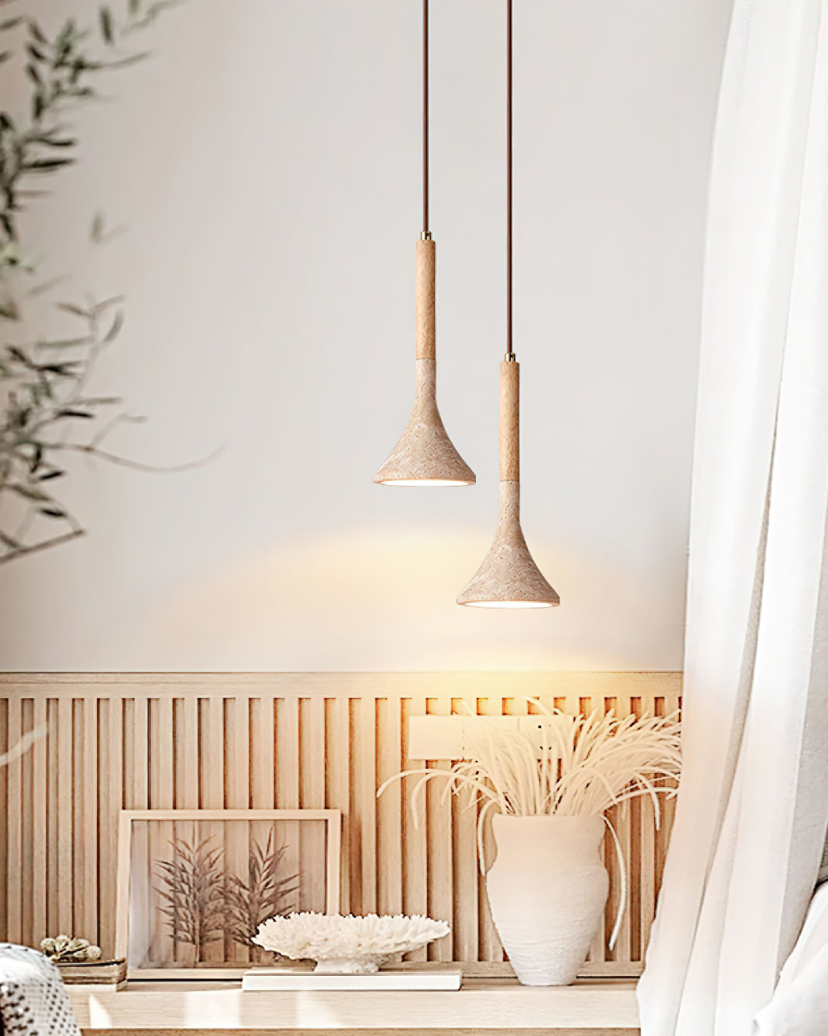 Natural Stone Pendant Light with Wood Accent – Travertine Ceiling Lamp for Dining Room, Kitchen Island, Reading Nook | Lonoma