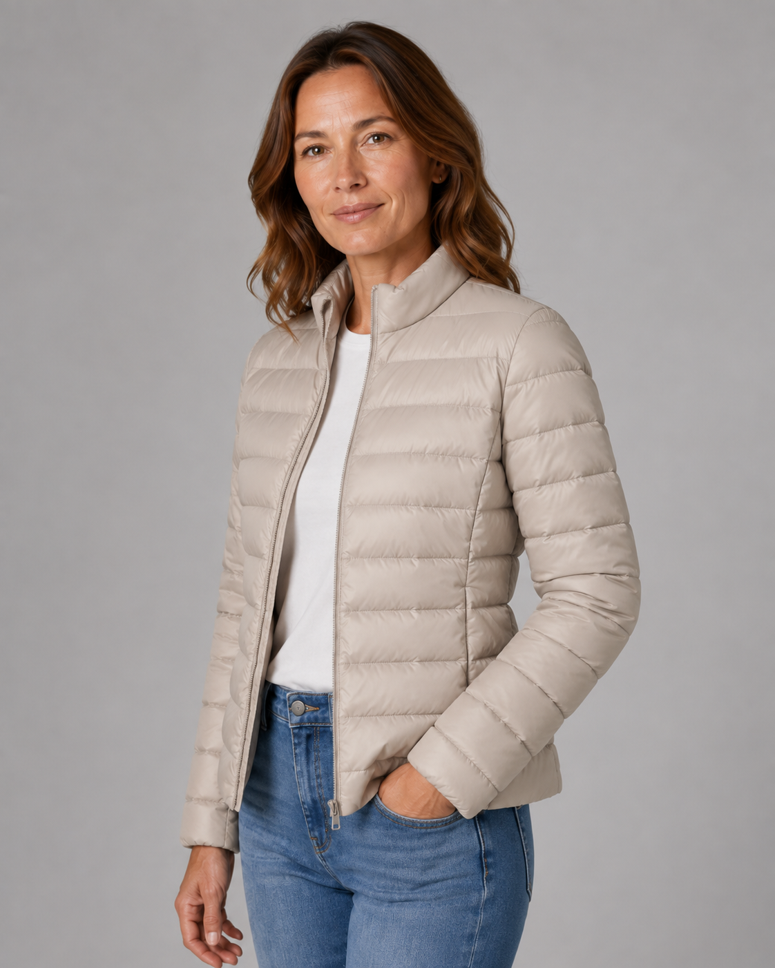 Women's Quilted Puffer Coat with High Funnel Neck and Front Zipper – Insulated Midweight Outerwear for Fall and Spring – Casual Layering | Lonoma