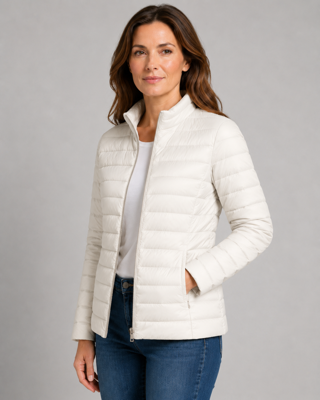 Women's Quilted Puffer Coat with High Funnel Neck and Front Zipper – Insulated Midweight Outerwear for Fall and Spring – Casual Layering | Lonoma