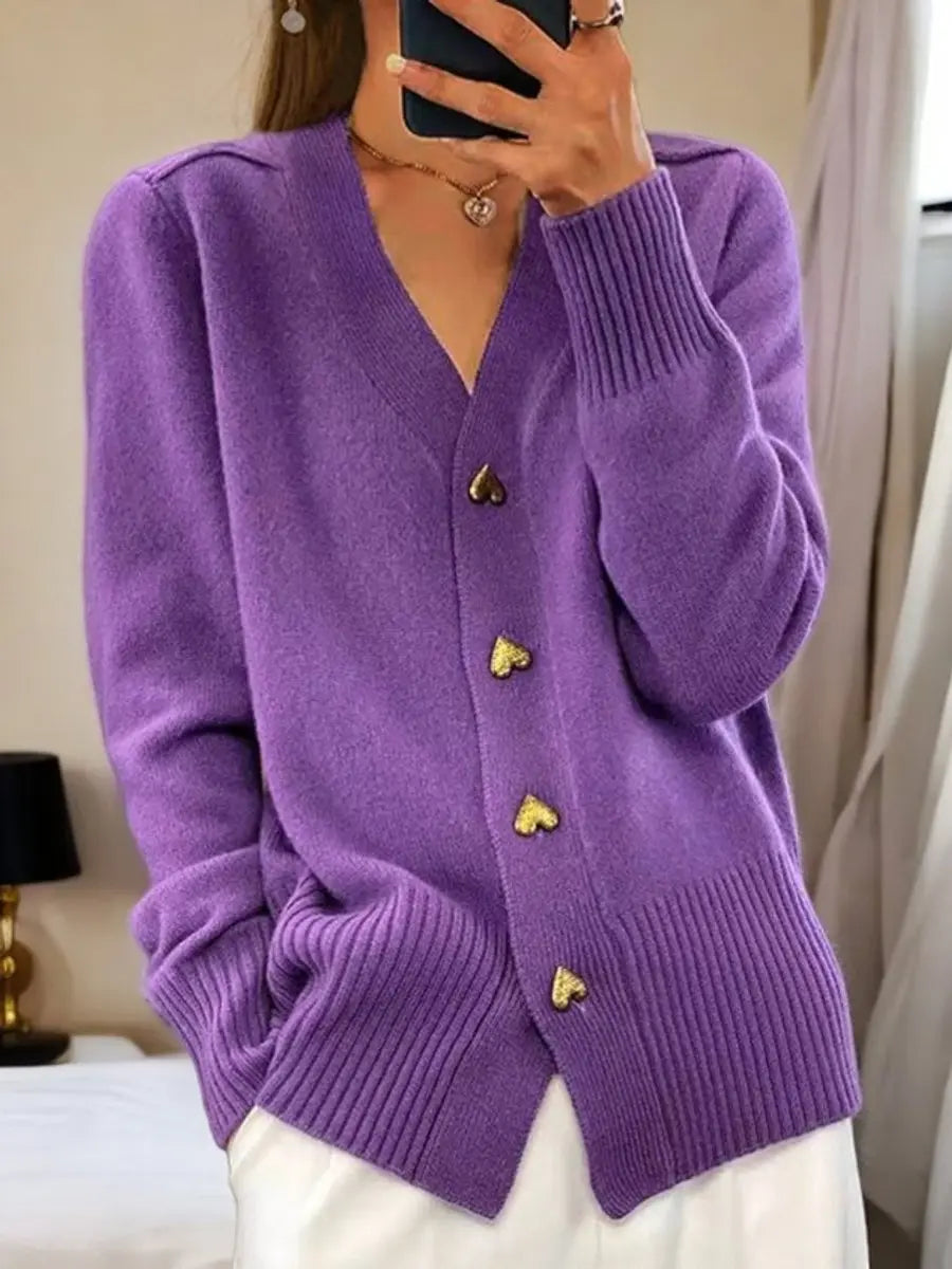 Women's Extended-Length Open-Front Sweater with V-Neck and Gold Heart Closures for Everyday Layering | Lonoma