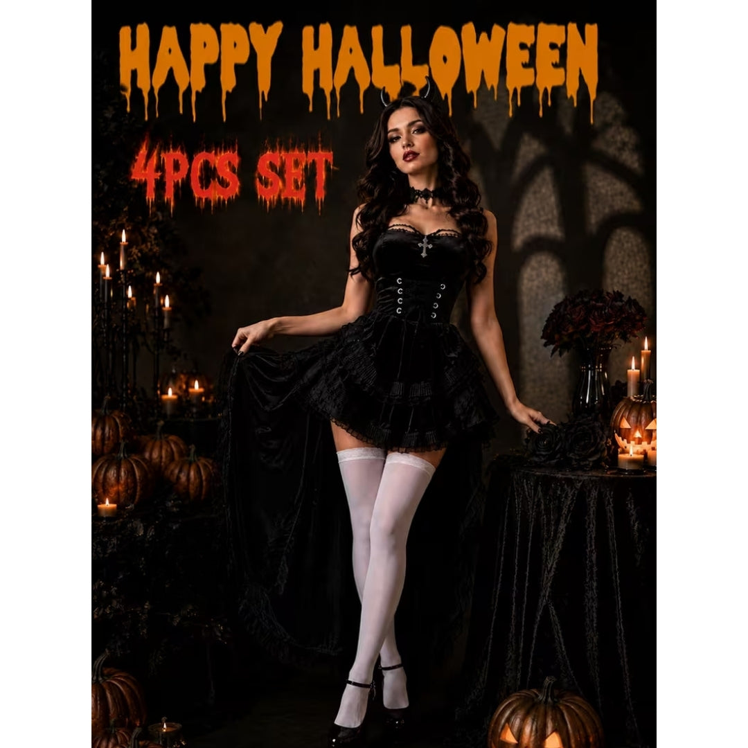 Women's Layered Devil Costume Burgundy Black Lace Halloween Cosplay Party Dress Gothic Fantasy Outfit Theatrical Ensemble Witch Vampire | Lonoma
