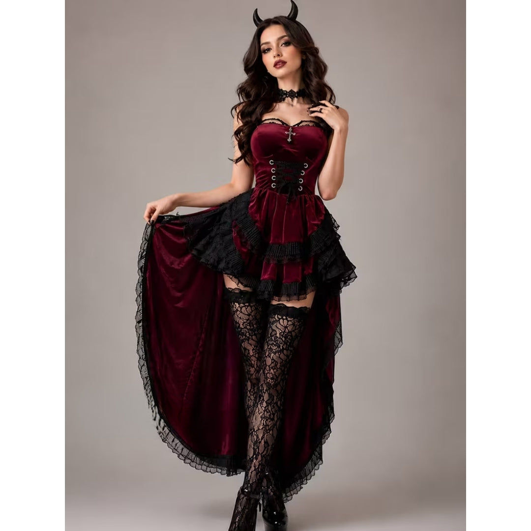 Women's Gothic Devil Costume 4-Piece Set with Corset & Layered Skirt – Burgundy & Black Lace Fantasy Outfit for Halloween Parties, Cosplay | Lonoma