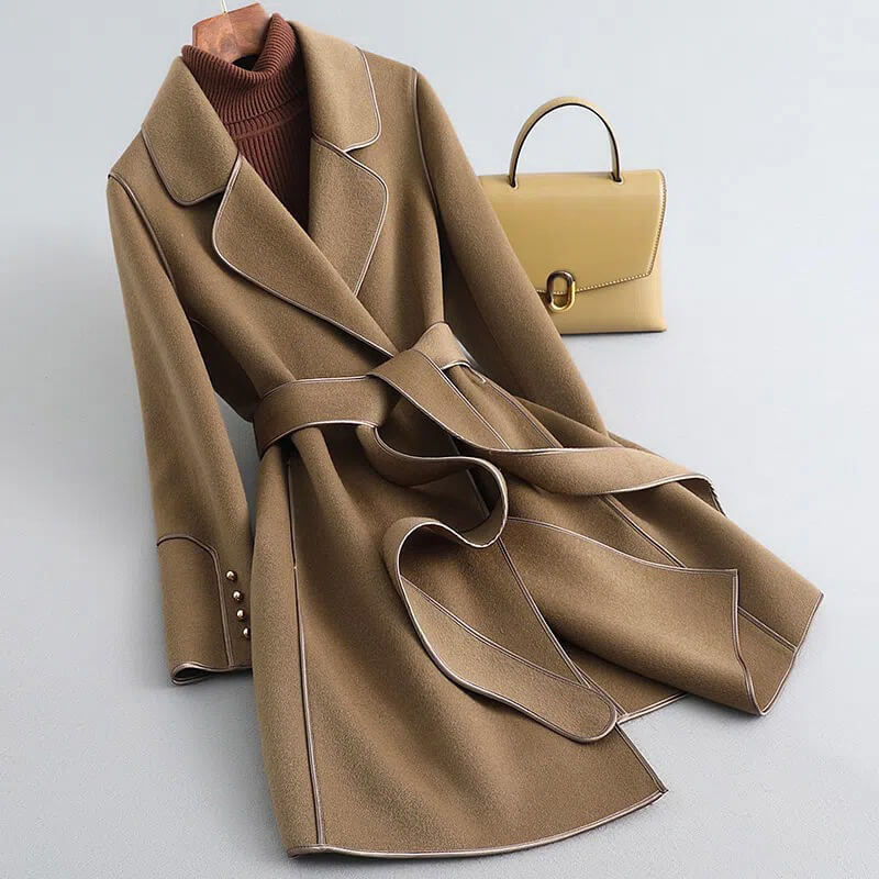 Women's Belted Wool Trench Coat Long Jacket with Tie Waist and Mini Bag for Fall Winter | Lonoma