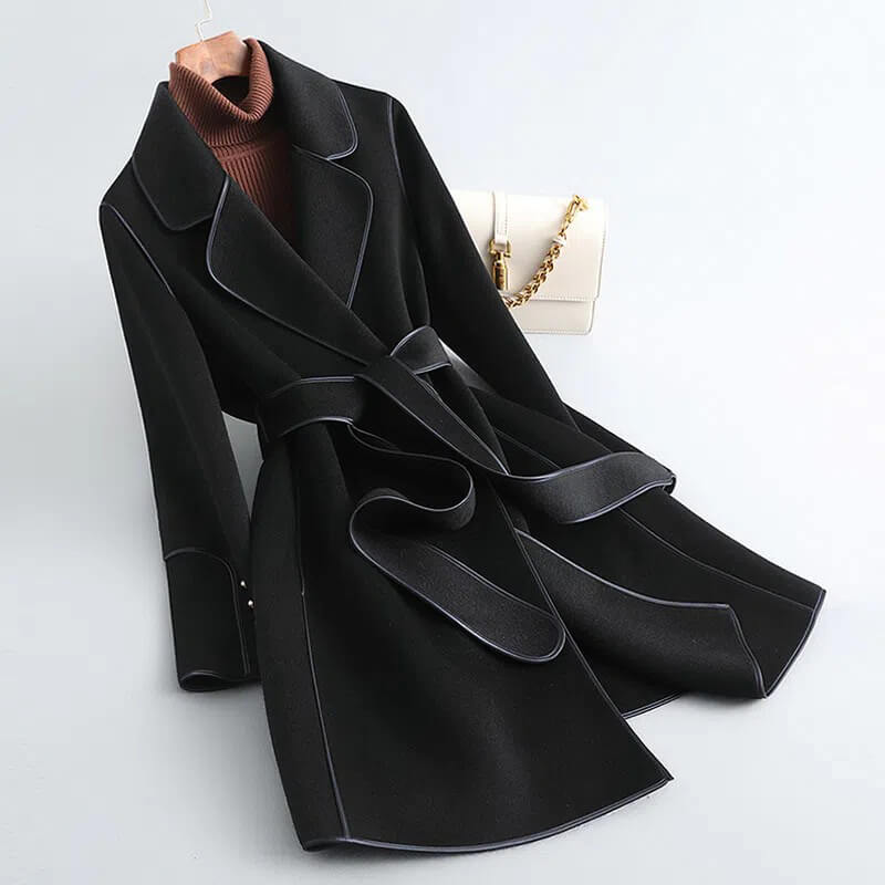 Women's Belted Wool Trench Coat Long Jacket with Tie Waist and Mini Bag for Fall Winter | Lonoma