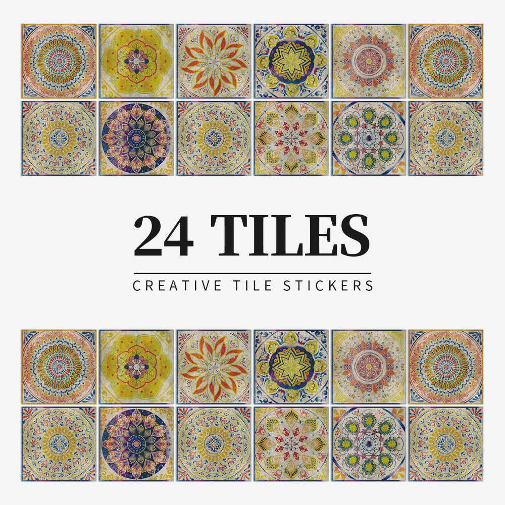 Peel and Stick Tile Decals with Mandala Design for Kitchen Backsplash, Bathroom Walls, Set of 24 Adhesive Decorative Tile Stickers for Home | Lonoma