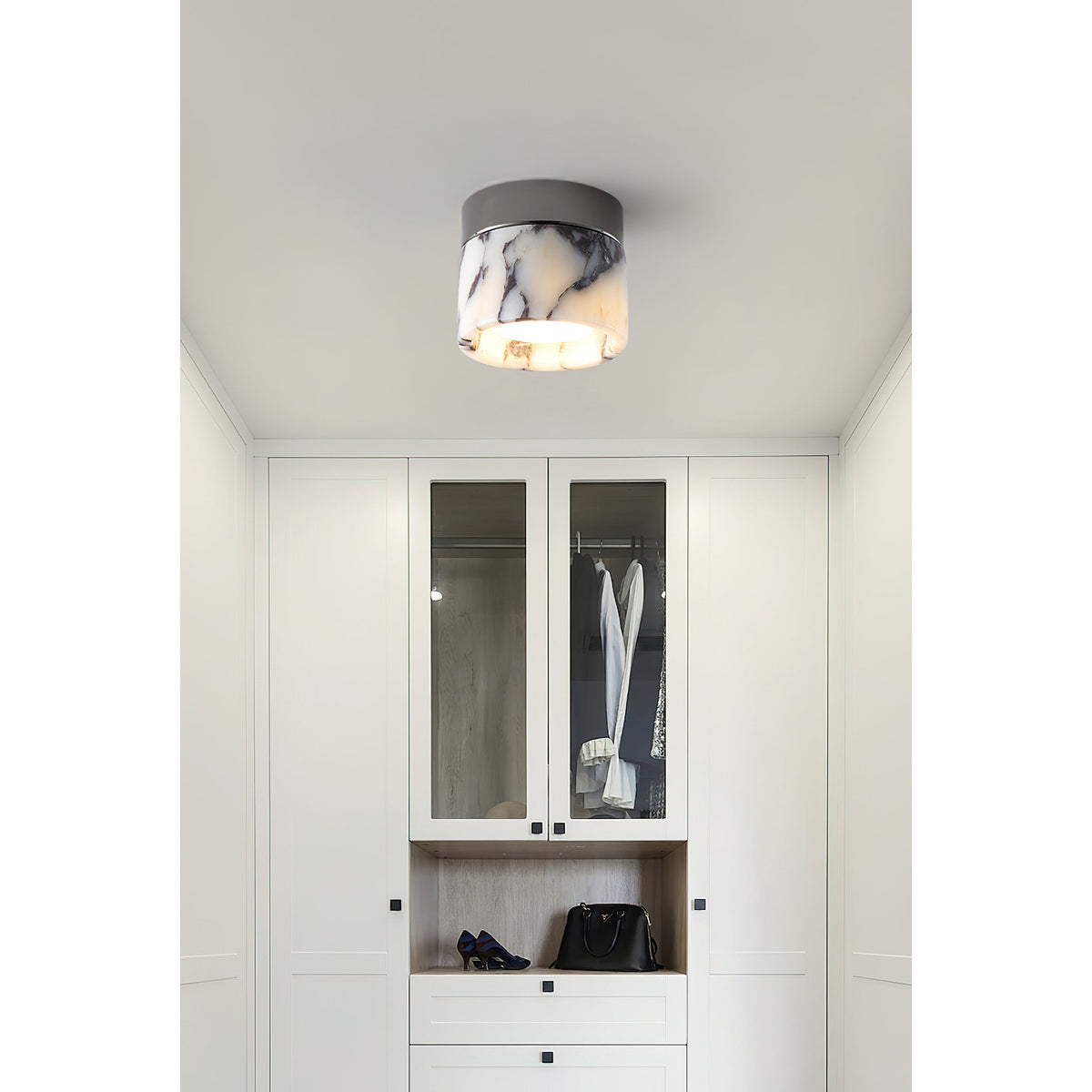 Round Marble Flush Mount Ceiling Light with Glass Shade 4.7 in – Modern Semi-Flush Fixture for Bedroom Hallway Entryway Kitchen Dining Room | Lonoma