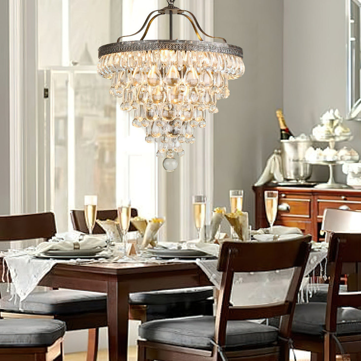 Crystal Drop Chandelier Antique Bronze Finish Multi Light Pendant Dining Room Living Room Foyer Statement Lighting Adjustable Chain | Lonoma